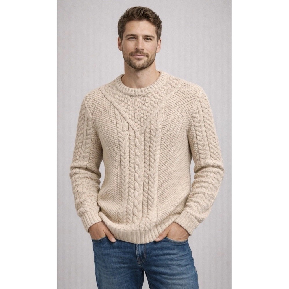 LL Bean Signature Cotton Cable Knit Fisherman Core Cream crewneck sweater Small